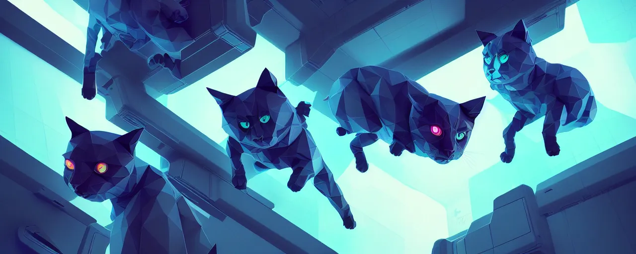 Image similar to duotone noir scifi concept illustration of lowpoly cats inside box floating zero gravity glowing 3 d mesh portals futuristic, glowing eyes, octane render, surreal atmosphere, volumetric lighting. accidental renaissance. by sachin teng and sergey kolesov and ruan jia and heng z. graffiti art, scifi, fantasy, hyper detailed. trending on artstation