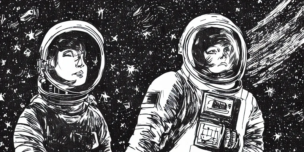 Image similar to etching portrait of a woman wearing a space helmet, manga art, chinese brush, scifi, big clouds visible in the background, stars in the sky, high contrast, deep black tones