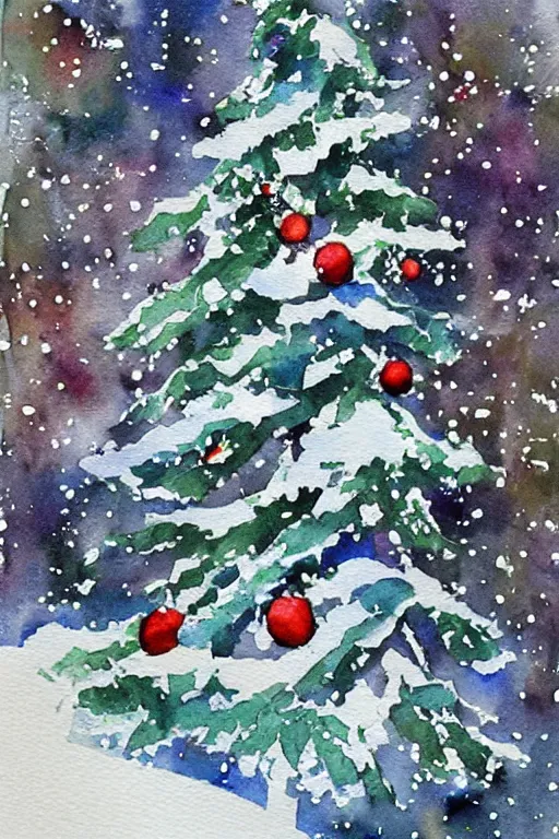 Prompt: greeting card artwork, watercolor painting of a christmas tree outdoors in the snow