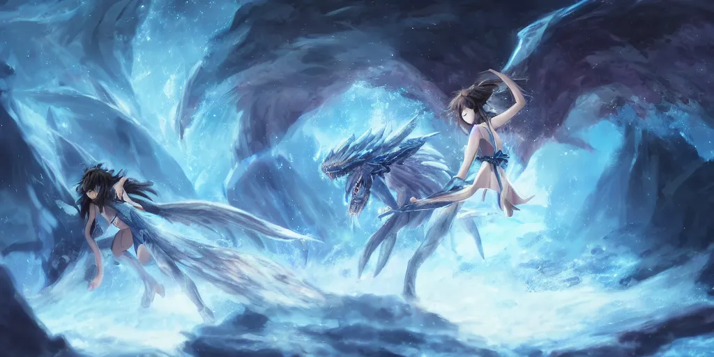 Prompt: fight scene of a beautiful anime girl fighting an ice dragon inside a cave with magic, fantasy, Digital 2D, highly detailed, sharp focus, smooth, cinematic, artstation, art by JunYoung Shin