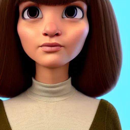 Prompt: A portrait of a round face woman, a cute 3d cgi toon woman with brown hair in a Bob, brown eyes, full face, olive skin, romanian heritage, medium shot, mid-shot, hyperdetailed, 8k, trending on artstation, as a Pixar character