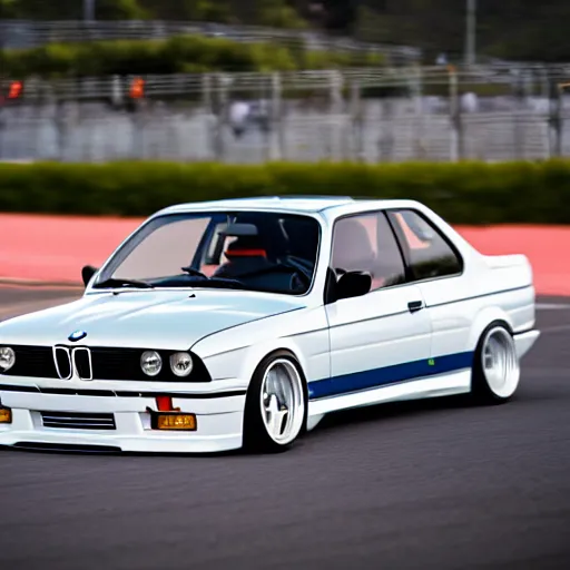 Prompt: a rolling shot of a modified bmw e 3 0 with lights on, on a street race track, motion blur, 3 0 0 mm photography, car photography, clean lines, realistic