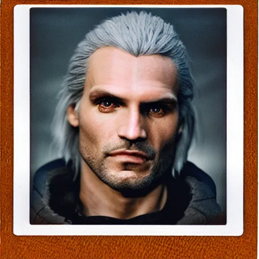 Image similar to polaroid of Hyper-real Geralt of rivia face shot by Tarkovsky