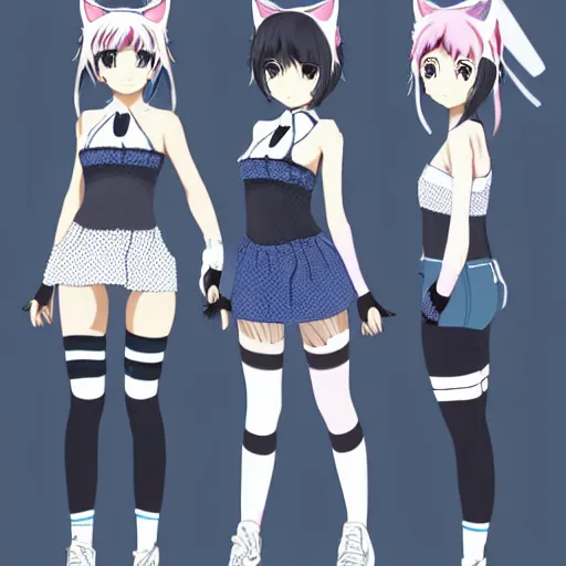 Image similar to Japanese styled anime character design sheet of a shy caucasian short girl with black hair, heterochromia eyes and with cat ears and cat tail wearing a white and blue moon inspired oufit, fishnet stockings, white sneakers, white earrings and a black nose ring, trending on artstation