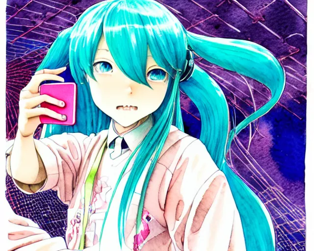 Image similar to a high detail watercolor of Hatsune Miku taking a selfie by Yukito Kishiro and katsuhiro otomo, illustration, hyper-detailed, colorful, complex, intricate, masterpiece, epic