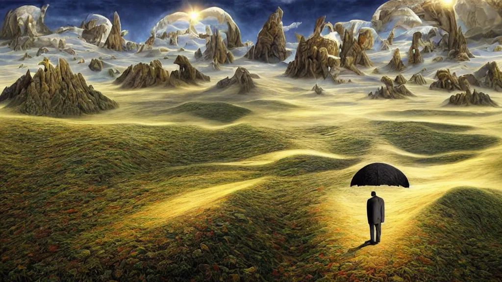 Image similar to surreal landscape with anthropomorphic!! terrain!!! in the styles of igor morski, jim warren, and rob gonsalves, intricate, hyperrealistic, volumetric lighting, serene, imaginative