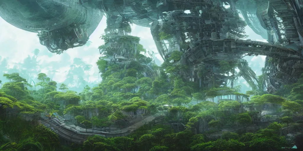 Prompt: future city covered by forest creature, flying, culture, smooth, spaceship, piltover, zaun, howl's moving castle, by studio ghibli, makoto shinkai, fractal landscape, 4 k, unreal engine