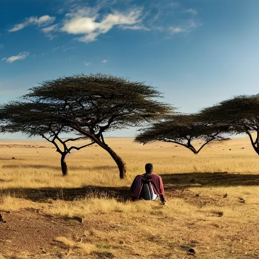 Image similar to a man sitting under an umbrella in a serengeti landscape, wide angle, panorama