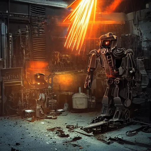 Image similar to toaster mecha head, dark messy smoke - filled cluttered workshop, dark, dramatic lighting, orange tint, sparks, cinematic, highly detailed, sci - fi, futuristic, movie still