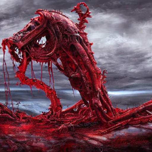 Image similar to landscape artwork of two demons entwined emerging from corpses in a red hellscape covered in blood by Yoshitaka Amano, by HR Giger, full body wide shot, biomechanical, 4k, hyper detailed, hyperrealism, anime, red sky, blood and body parts, deviantart, artstation