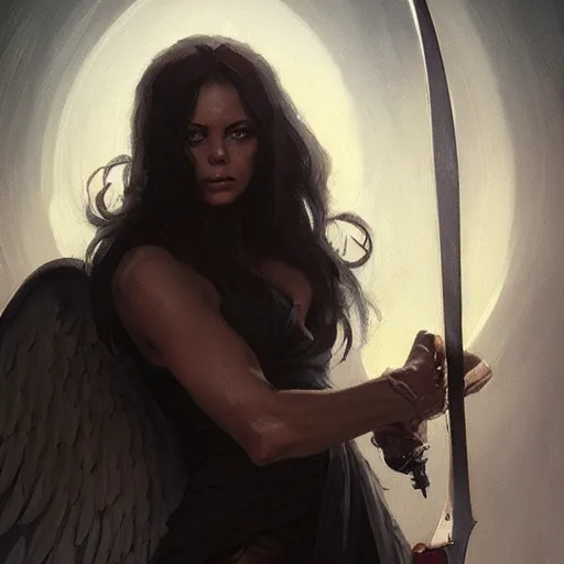 Image similar to a portrait of a beautiful angel of death holding a large scythe by marco bucci and greg rutkowski and frank frazetta, sharp focus, detailed, cinematic, closeup