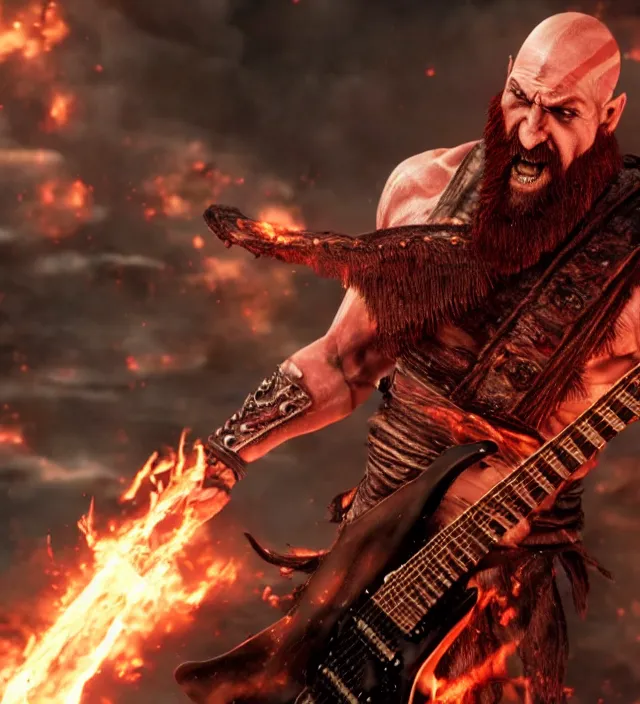 Image similar to raging kratos shredding on a flaming stratocaster guitar, cinematic render, god of war 2 0 1 8, santa monica studio official media, lightning, stripe over eye