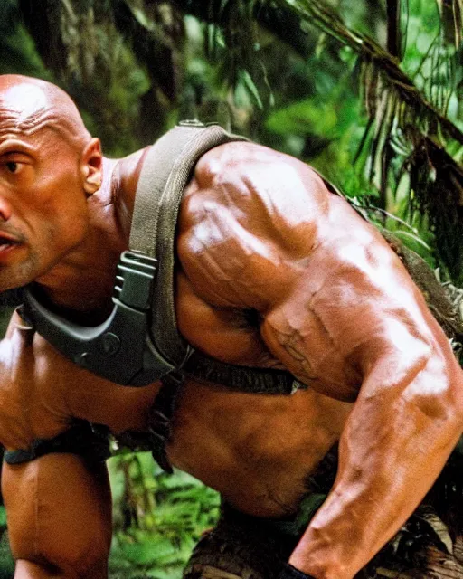 Image similar to film still close - up shot of dwayne johnson from the movie predator. photographic, photography