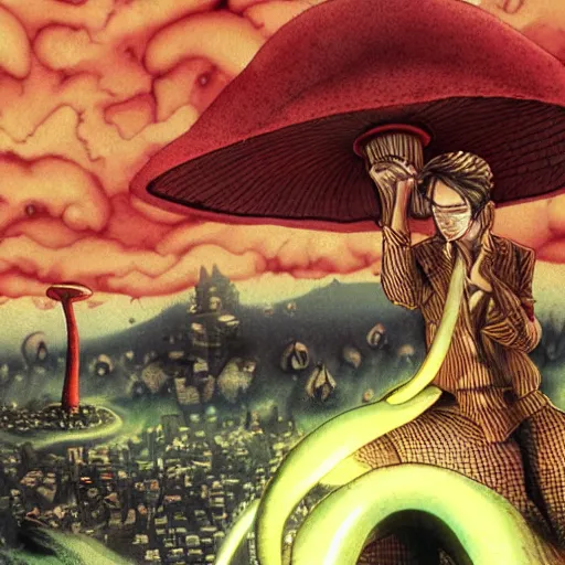 Image similar to A centered chest up portrait of a psychedelic demonic anthropomorphic snake smoking a hand-rolled cigarette smoking heavily , magic mushroom village in background , art by tokyo movie shinsha , award winning. superb resolution. in the art style of junji Ito and greg rutkowski . Detailed Mushroom city in background. Hyper realistic anime. Perfect art. Dalle2