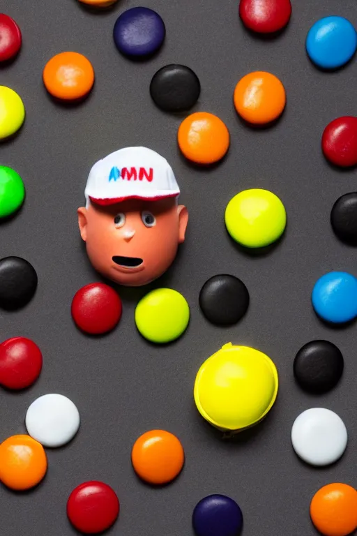 Prompt: a single yellow m & m candy with white arms and legs holding a microphone, a yellow sphere wearing a white baseball cap, eminem as a m & m candy, m & m candy dispenser, m & m plush!!!, unreal engine, unreal engine, volumetric lighting, professional food photography