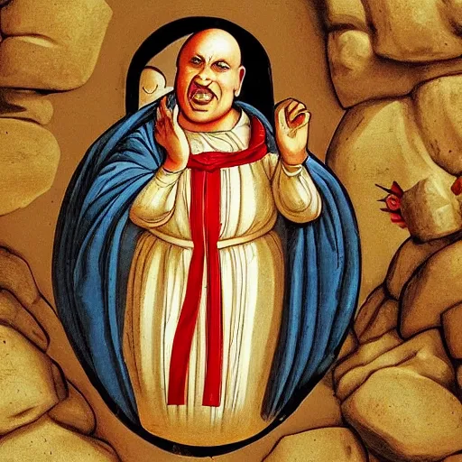 Prompt: humpty dumpty at the passion of christ
