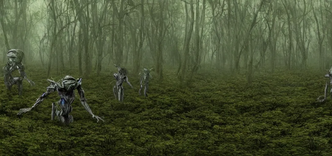 Prompt: a complex organic fractal 3 d metallic symbiotic ceramic humanoid megastructure creature in a swampy lush forest, foggy, cinematic shot, photo still from movie by denis villeneuve, manga style by junji ito