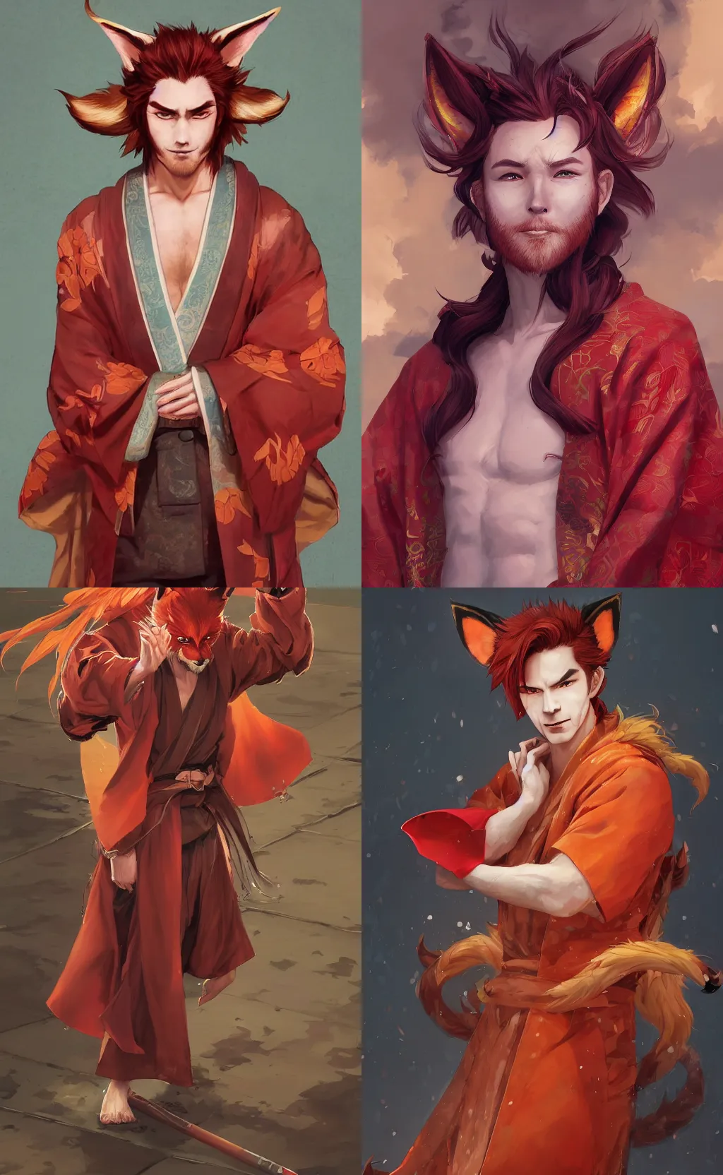 Prompt: An beautiful digital painting of a man with reddish hair, fox ears, and nine tails wearing a kimono, by Stanley Artgerm Lau, WLOP, Rossdraws, James Jean, Andrei Riabovitchev, Marc Simonetti, and Sakimichan, tranding on artstation, SFW version