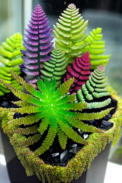 Image similar to crystals shaped like exotic succulent fern shrubbery, a potted plant made of gemstones in a windowsill