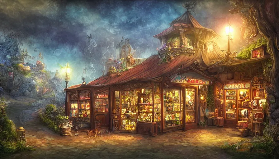 Image similar to magical shop on a hill, sharp focus, cinematic, extremely detailed digital painting