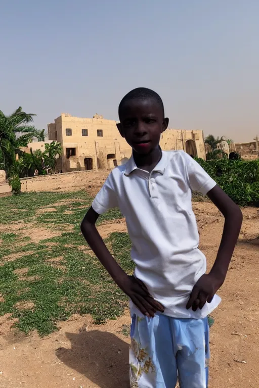 Prompt: nigerian boy in front of a mansion in egypt