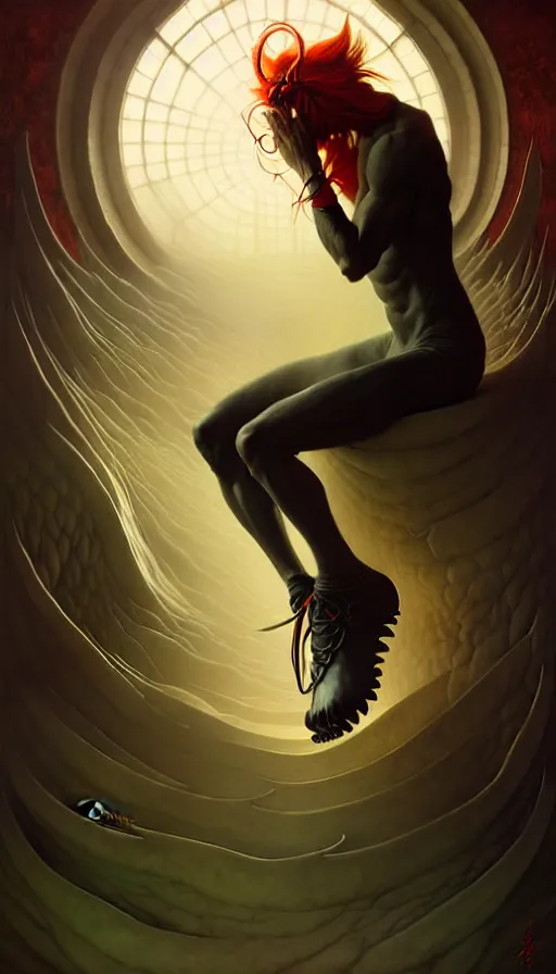 Prompt: portrait of a demon wearing toe shoes ( vibram five fingers ), digital art, centered, abstract, elegant, martina fackova, cristi balanescu, todd lockwood, tyler jacobson, greg rutkowski, alphonse mucha, karol bak, magalie villeneuve