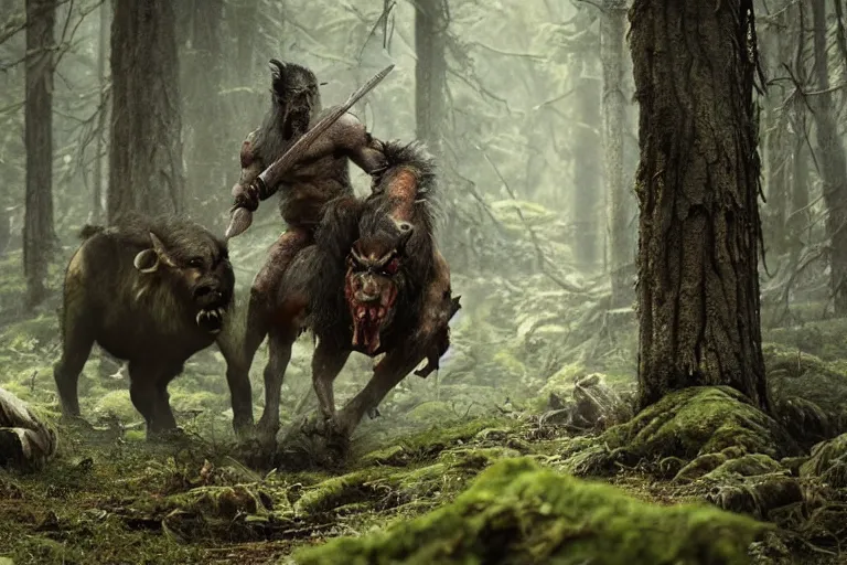 Image similar to vfx movie closeup detailed ancient warrior orc hunting elk in the forest, natural lighting by emmanuel lubezki