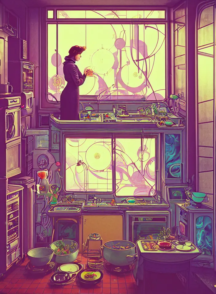 Prompt: telephoto 7 0 mm f / 2. 8 iso 2 0 0 photograph depicting the feeling of chrysalism in a cosy safe cluttered french sci - fi ( ( art nouveau ) ) cyberpunk apartment in a pastel dreamstate art cinema style. ( person cooking ) ( ( fish tank ) ), ambient light.