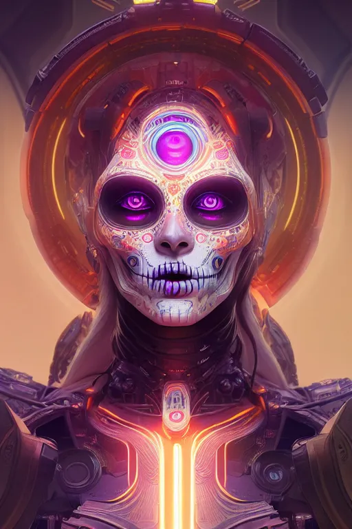 Image similar to ultra detailed female android deity, scifi, fantasy, octane render, dia de los muertos, asymmetrical intricate concept art, triadic color, art by artgerm and greg rutkowski and alphonse mucha, 8 k