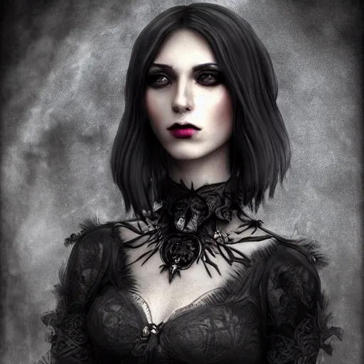 Prompt: full length portrait of a woman with timeless beauty & breathtaking eyes dressed in gothic attire, intricate, elegant, DSLR 8K, biblical art, realism, incomprehensible detail, final fantasy & silent hill aesthetic, photorealistic, lifelike, created by Razaras on deviantart