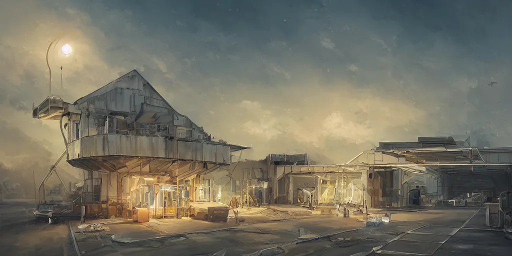 Image similar to artwork of the brightsea depot, by erol otus, trending on artstation, cinematic view, exquisite, breathtaking