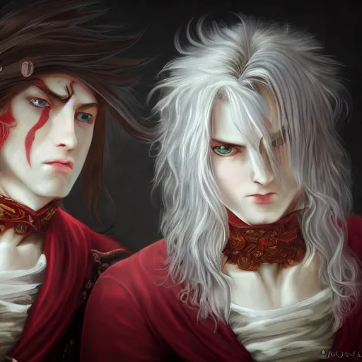 Prompt: Epic rococo painting of two young twins males, with white skin, long white hair and red eyes. Wearing identical red clothes. Middle age. Castlevania, ultra-detailed. Anime, pixiv, UHD 8K CryEngine, octane render