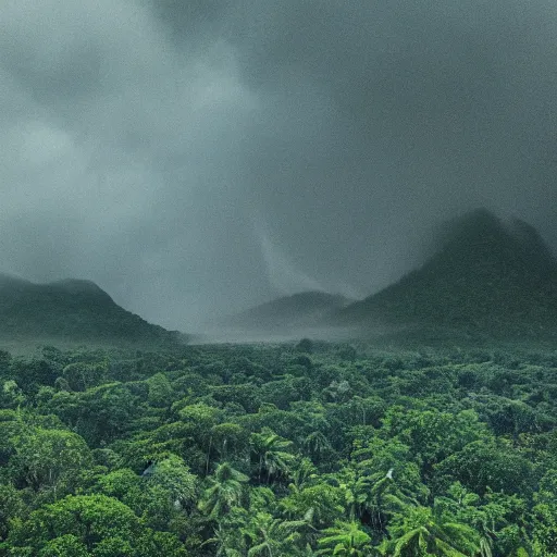 Prompt: A landscape of a jungle and a tornado, a hurricane, foggy landscape, blue bright sky