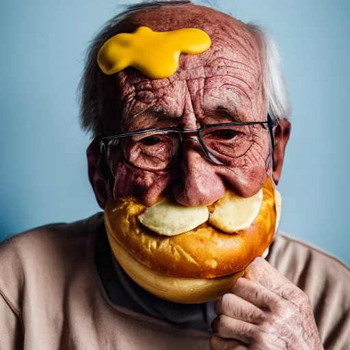 Prompt: an elderly man wearing a mask made from a cheeseburger, bold natural colors, national geographic photography, masterpiece, 8 k, raw, unedited, symmetrical balance