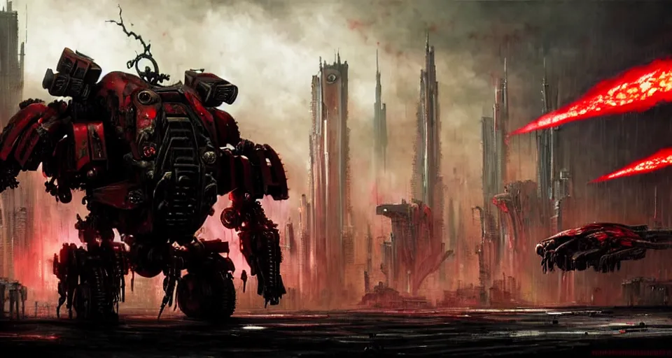 Image similar to bloody - zombie - flesh - battlemech, in a cyberpunk gothic city hyper realistic sci - fi matte concept art painting of dramatic cinematic scene, guns, missiles, explosions, beautiful details, strong composition painted by kim jung guweta studio rutkowski, james gurney and greg rutkowski, and lucasfilm, smooth, intricate, detailed, sharp focus, cinematic