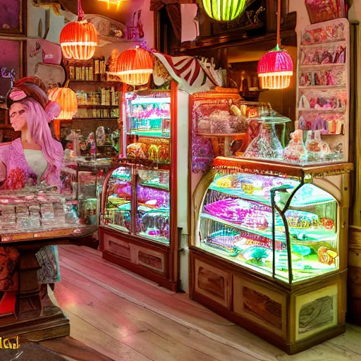 Prompt: Inside an old fashioned sweet shop, fantasy vendor interior, wide angle, cinematic, highly detailed, cinematic lighting , photorealistic, pastel colors