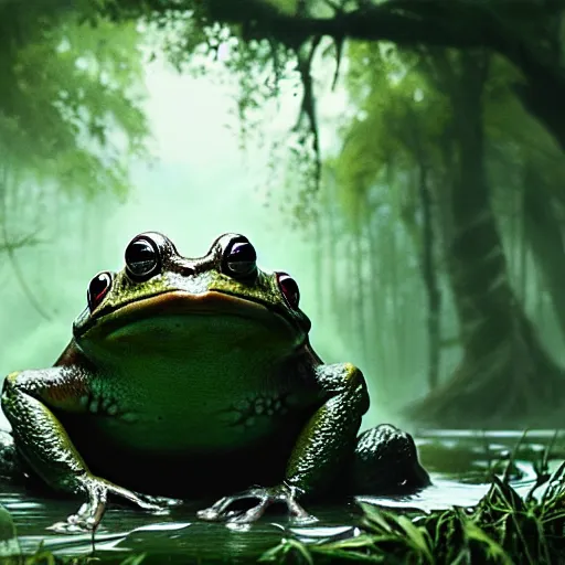 Prompt: giant monster frog in swamp, artwork by greg rutkowski, trending on art station, magic the gathering, 4 k, matte painting