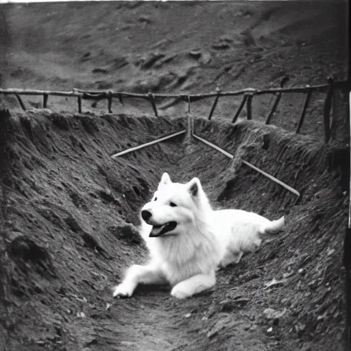 Prompt: a samoyed dog in a ww1 trench, grainy photo