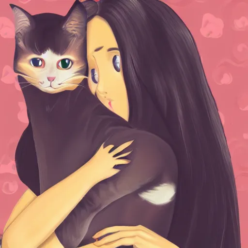 Image similar to a girl with long dark hair holding a cat in her arms, pexels contest winner, rasquache, high quality photo, rtx, hd, shiny eyes, a renaissance painting by sailor moon, anime, anime aesthetic