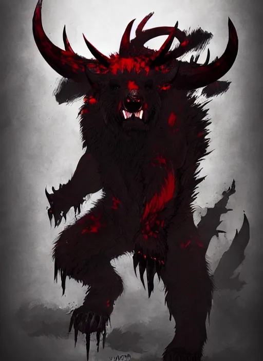 Prompt: A horned bear demon shadow spirit with red fur and sharp claws. In style of Yoji Shinkawa and Hyung-tae Kim, trending on ArtStation, dark fantasy, great composition, concept art, highly detailed.