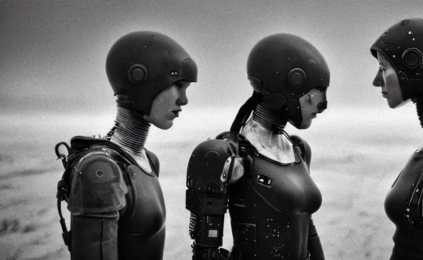 Image similar to cinestill 5 0 d candid photographic portrait by helen levitt of two loving female androids wearing rugged black mesh techwear on a desolate plain, extreme closeup, modern cyberpunk moody emotional cinematic, dust storm, 8 k, hd, high resolution, 3 5 mm, f / 3 2, ultra realistic faces, ex machina