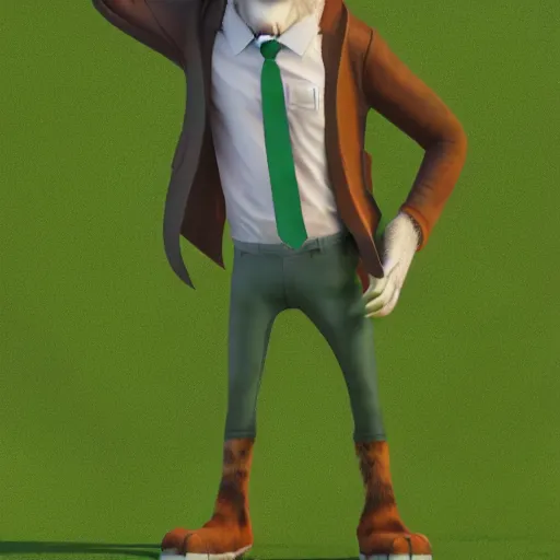 Image similar to portrait, 3d render , anthropomorphic wolf male , wearing a torn knee length jacket , in the style of Zootopia