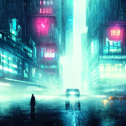 Prompt: rain, giant futuristic cyberpunk spaceship with small character silhouette in the foreground, blade runner, dense fog, bloom, cinematic contrasted lighting, ultra detailed, trending on artstation