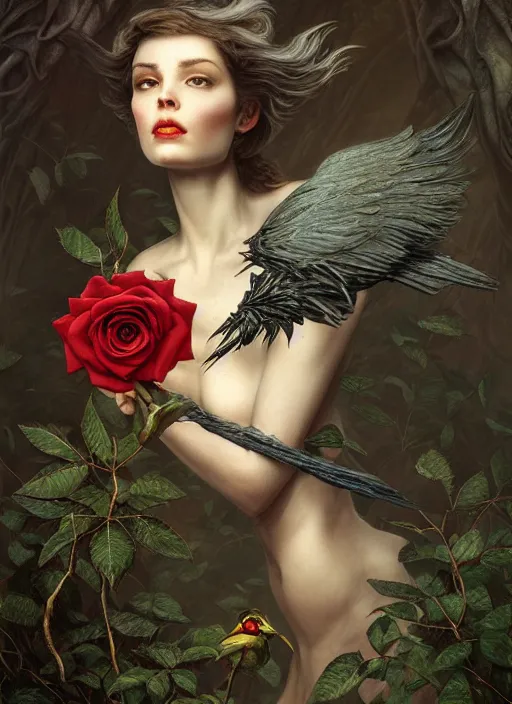 Prompt: the bird has grown its arms and is holding a rose, hyperrealism, no blur, 4 k resolution, ultra detailed, style of tyler edlin, tom bagshaw, arthur rackham, ivan shishkin