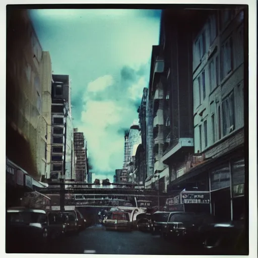 Prompt: instant photograph of a city in 1979, polaroid, raw, light leak, clouds