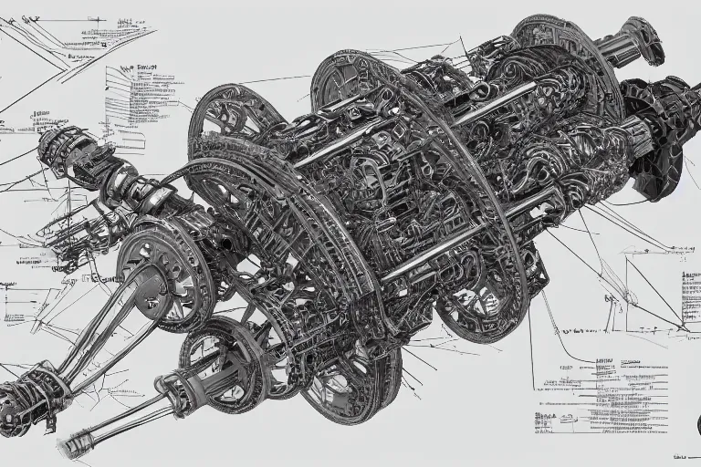 Image similar to aesthetically pleasant technical drawing of an open - source nuclear weapon machinery, hyperdetailed, complex, intricate, exploded view!!, 4 k, trending on artstation