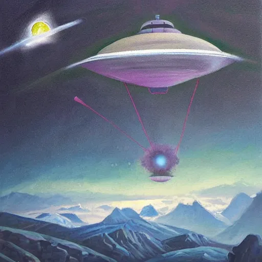 Image similar to HR Geiger painting alien mothership flying over the top of the Rocky Mountains