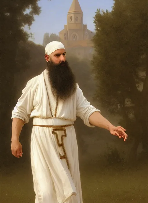 Prompt: oil painting portrait of a dominican monk with a long beard in a white and brown habit, striding dancing through a flourishing garden at sunset with a monastery in the background, hazy, digital art, chiaroscuro, artstation, cinematic, golden hour, digital art painting by greg rutkowski, william - adolphe bouguereau, hazy atmosphere, flowers, cinematic lighting