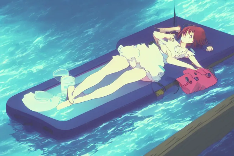 Image similar to a cute anime woman sleeping on a raft, misty, glows, by studio ghibli, anime, hazy, foggy, ambient lighting, 8 k, neon, synthwave,