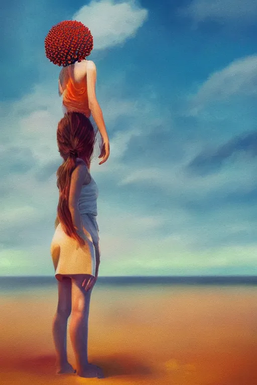 Image similar to closeup huge dahlia flower head, girl standing on beach, surreal photography, blue sky, sunrise, dramatic light, impressionist painting, digital painting, artstation, simon stalenhag